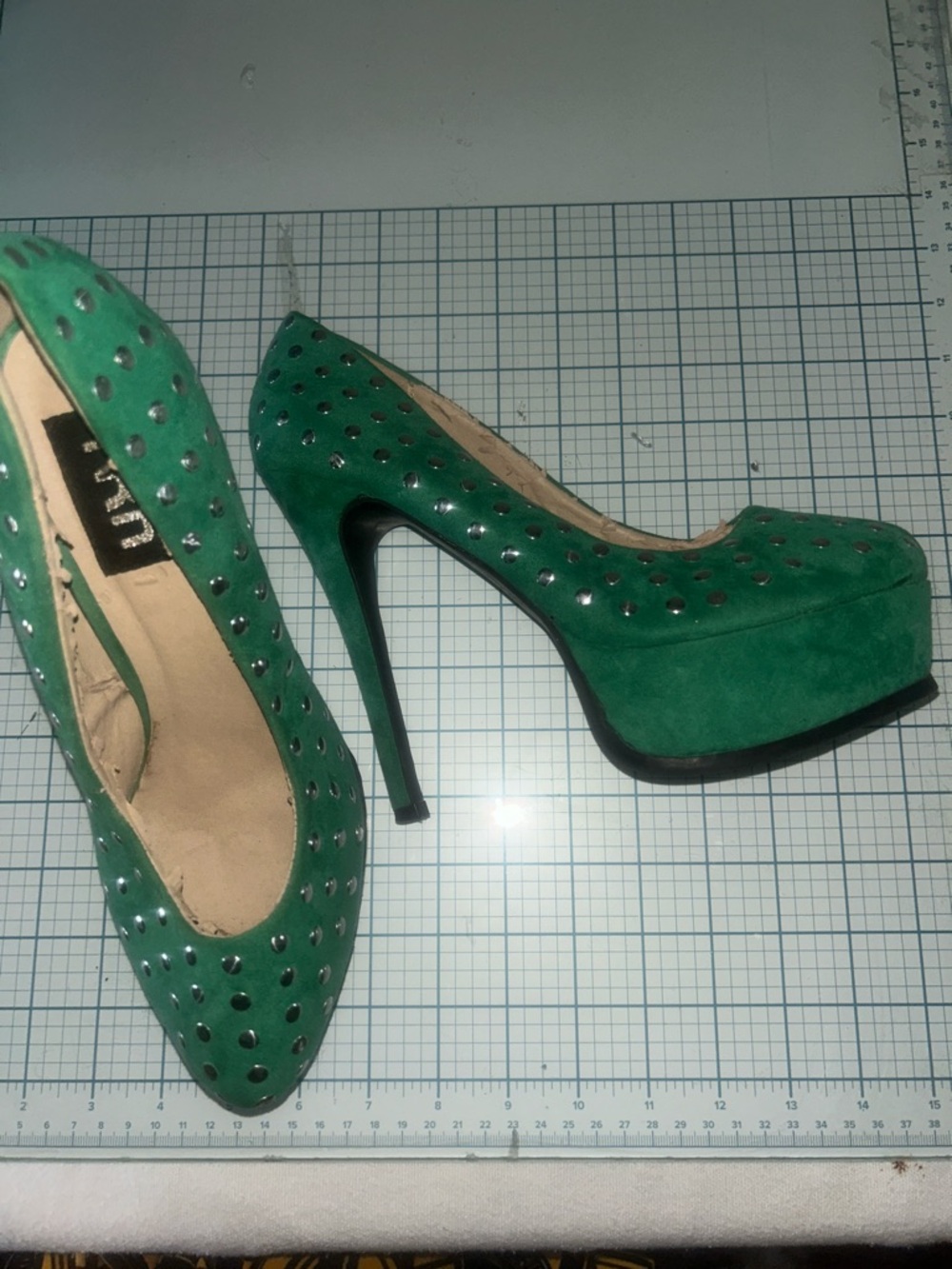 FRH Green Suede Platform Stiletto Pumps with Studs 420.01 white